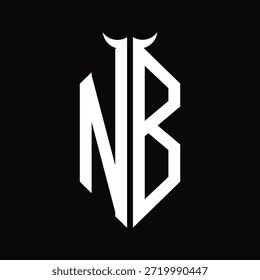 NB Logo monograma con forma de cuerno aislado Plantilla de diseño en blanco y negro sobre fondo negro
