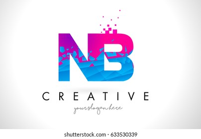NB N B Letter Logo with Broken Shattered Blue Pink Triangles Texture Design Vector Illustration.