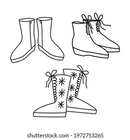 Nbor, a pair of warm shoes. Vector outline hand drawn illustration in doodle style