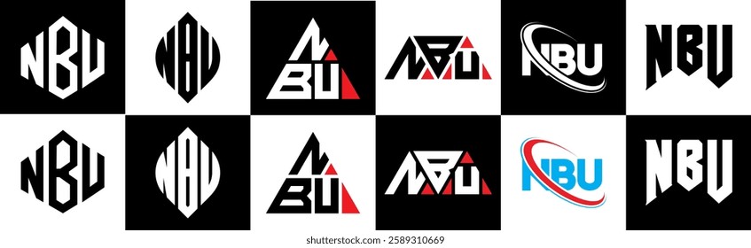 NBU letter logo design in six style. NBU polygon, circle, triangle, hexagon, flat and simple style with black and white color variation letter logo set in one artboard. NBU minimalist and classic logo