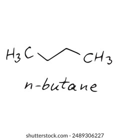 n-butane molecule formula. Hand drawn imitation of n-butane structural model, chemistry skeletal formula, sketchy vector symbol