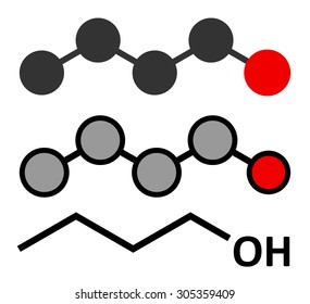 n-butanol (1-butanol) molecule. Used as flavouring and as a solvent. Stylized 2D renderings and conventional skeletal formula.