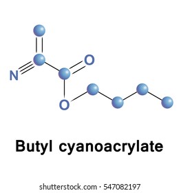n-Butyl cyanoacrylate (n-BCA, NBCA), a cyanoacrylate ester, is a butyl ester of 2-cyano-2-propenoic acid. Vector medical illustration.