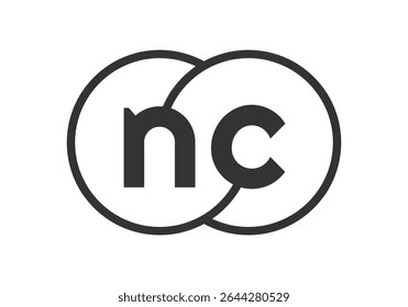 NC business company emblem with outline rounds and letters n c. Logo template of two merged circles for brand identity, logotype. Vector Infinity symbol  and technology sign.