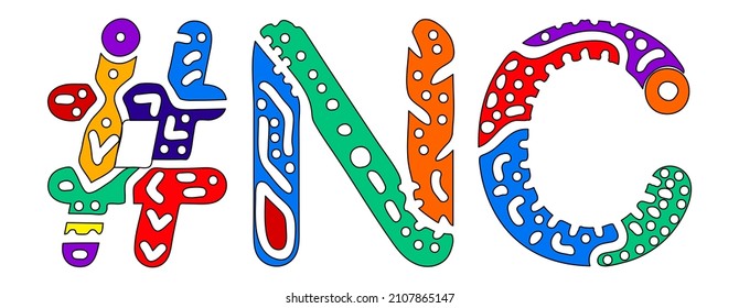 NC Hashtag. Multicolored bright isolate curves doodle letters. Hashtag #NC is abbreviation for the US American state North Carolina for social network, web resources, mobile apps.