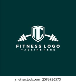 NC initial monogram for fitnes or gym logo with creative shield and barbell design