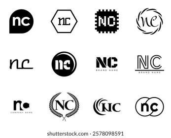 NC logo company template. Letter n and c logotype. Set different classic serif lettering and modern bold text with design elements. Initial font typography. Collection trendy business identity.