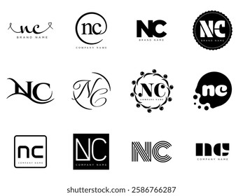 NC logo company template. Letter n and c logotype. Set different classic serif lettering and modern bold text with design elements. Initial font typography. Collection trendy business identity.