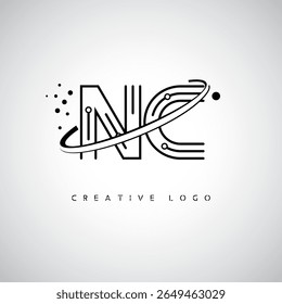 Logotipo de monograma de órbita NC - marca de letra mínima futurista com linha de arte circular, pontos inspirados na tecnologia e conceito de movimento espacial para identidade de marca moderna