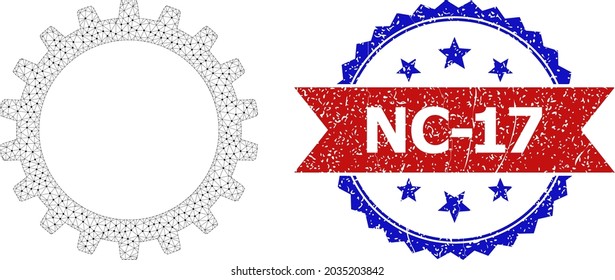 Nc-17 unclean watermark, and cogwheel icon polygonal structure. Red and blue bicolor stamp seal includes Nc-17 text inside ribbon and rosette. Abstract flat mesh cogwheel, built from flat mesh.