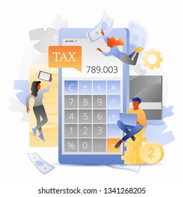 ncome Tax calculation vector concept with calculator app on cellphone screen surrounded by tiny people characters. Modern stylish flat design with gradients.
