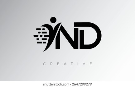 Logotipo de Monograma Digital Criativo ND - Design de marca de letra futurista apresentando forma humana, movimento de pixel e estilo técnico mínimo para identidade de marca inovadora