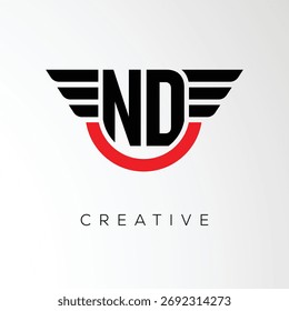 Logotipo creativo de la letra de las alas del ND con el escudo moderno - símbolo potente del negocio y de la marca	
