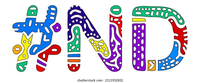 ND Hashtag. Multicolored bright isolate curves doodle letters. Hashtag #ND is abbreviation for the US American state North Dakota for social network, web resources, mobile apps.