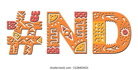 ND Hashtag. Multicolored bright isolate curves doodle letters. Hashtag #ND is abbreviation for the US American North Dakota for social network, web resources, mobile apps.