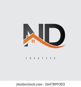 ND House Letter Logo – Monograma inmobiliario creativo con forma de techo e icono del hogar para la propiedad, la arquitectura y la identidad de marca moderna