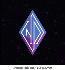 ND Initial letter block chain logo icon vector template. Looping mono line circuit letter on rhombus cube logo