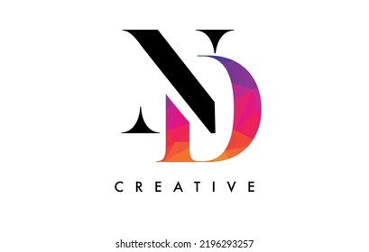 ND Letter Design with Creative Cut and Colorful Rainbow Texture. DN Letter Icon Vector Logo with Serif Font and Minimalist Style.