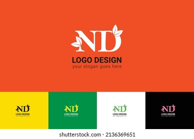 ND letters eco logo with leaf. Vector typeface for nature posters, eco friendly emblem, vegan identity, herbal and botanical cards etc. Ecology ND letters logo with leaf.