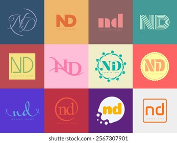 ND logo company template. Letter n and d logotype. Set different classic serif lettering and modern bold text with design elements. Initial font typography. Collection trendy business identity.