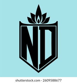ND Logo featuring a minimalist design with a crown-like flower symbol on top, bold black elements, and a soft blue background, perfect for branding and modern visual identity.