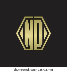 Monograma ND con diseño redondeado de línea hexagonal con colores dorados