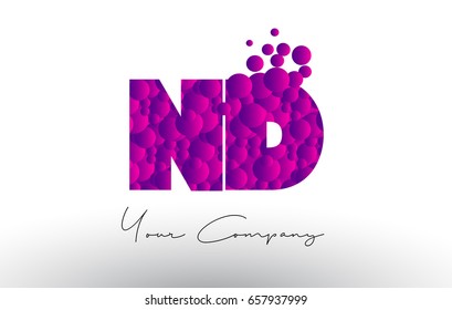 ND N D Dots Letter Logo with Purple Pink Magenta Bubbles Texture Vector.
