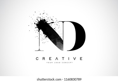 ND N D Letter Logo Design with Black Ink Watercolor Splash Spill Vector Illustration.