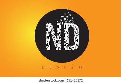 ND N D Logo Design Made of Small Letters with Black Circle and Yellow Background.