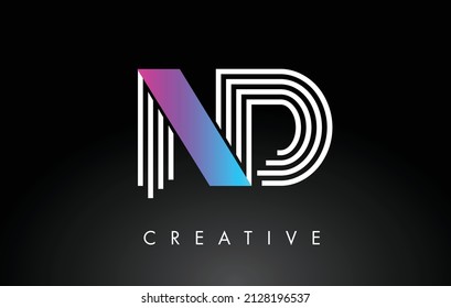 ND White Purple Lines Letter Logo. Creative Line Letters Design Vector Template.