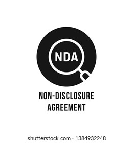 nda badge with magnifying glass. concept of contract between two partners or important focus. flat simple label style trend modern nda logotype graphic art design isolated on white background