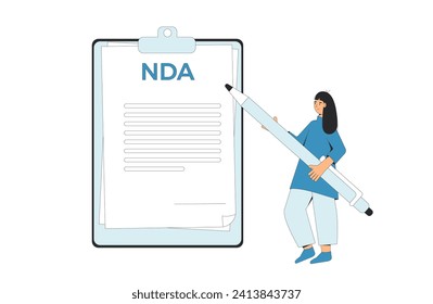 Concepto NDA. Acuerdo de no divulgación. Contrato entre empleado y empleador sobre confidencialidad. Nuevo colega firmando el documento de confidencialidad comercial. Ilustración plana vectorial moderna.