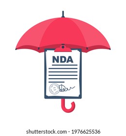 Conceito de NDA.  Comprimido com impressão contratual e assinatura de segurança sob o guarda-chuva. Símbolo de proteção, metáfora. Documento do Contrato de não-divulgação. Documento de privacidade. Ícone de vetor.