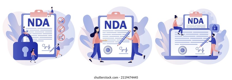 NDA contract. Non disclosure agreement. Tiny people sign confidentiality agreement document. Corporate secret protection. Modern flat cartoon style. Vector illustration on white background