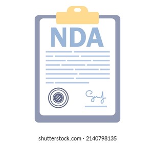 NDA icon. Non disclosure Agreement document with signature and stamp. Signature privacy document. Business confidentiality paper with agreement to contract. Vector flat illustration