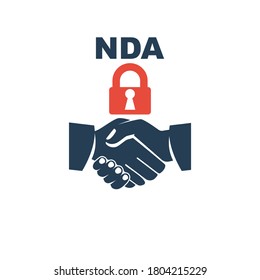 NDA logo. Black icon Non disclosure Agreement. Vector illustration flat design. Businessmen shaking hands. A successful deal. Glyph NDA concept. Privacy sign. A closed lock as a symbol of silence.