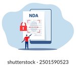 NDA or Non disclosure agreement contract businessman holding signing pen with NDA locked with padlock document.Non Disclosure Agreement concept, flat vector illustration