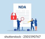 NDA or Non disclosure agreement contract businessman holding signing pen with NDA locked with padlock document.Non Disclosure Agreement concept, flat vector illustration