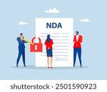 NDA or Non disclosure agreement contract businessman holding signing pen with NDA locked with padlock document.Non Disclosure Agreement concept; flat vector illustration