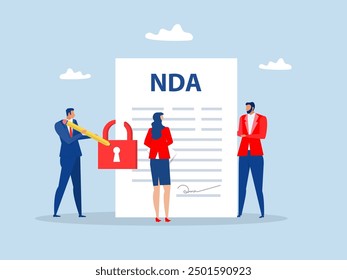 NDA or Non disclosure agreement contract businessman holding signing pen with NDA locked with padlock document.Non Disclosure Agreement concept; flat vector illustration