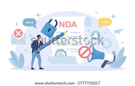 NDA or Non Disclosure Agreement Contract. Person Sign Confidentiality Agreement. Employees Observe Confidentiality. Proprietary Information Document. Vector Illustration