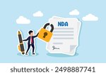 NDA, a Non Disclosure Agreement, is a legal contract that ensures confidentiality, concept of Confident businessman holding a pen, ready to sign an NDA, the document secured with a padlock