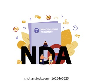 NDA or non-disclosure agreement contract, legal restrictions concept. Nondisclosure or know-how protection cartoon flat vector illustration with tiny people