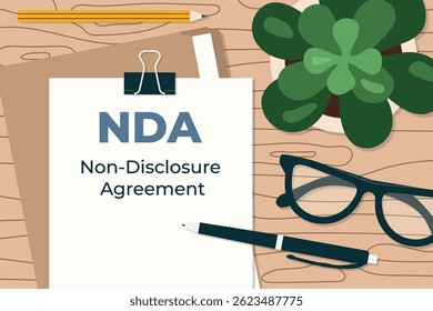 NDA Non-Disclosure Agreement in a flat lay view on a wooden desk; ideal for legal, corporate, and confidentiality-themed projects- vector illustration
