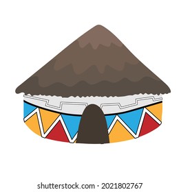 Ndebele African house with grey thatched roof isolated on white background. Bright colored decorated clay walls. Geometrical pattern. Hand drawn doodle  with small entrance and big roof. national dwel