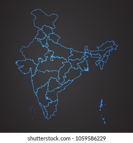ndia map: blue glitter outline with sparkling stars on dark background. Detailed map of ndia. Vector illustration.