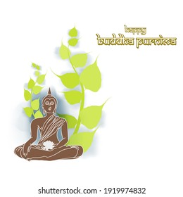 ndianisches Festival mit Text Buddha Purnima bedeutet Buddha Purnima, Illustration zeigt Buddha Sitzplatz auf Lotus und in Meditation Position unter Baum mit Hintergrund der glänzenden schönen Nacht absorbiert in der meditativen Position