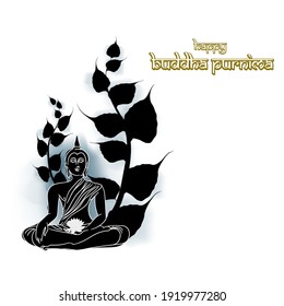ndian festival with text Buddha Purnima means Buddha Purnima, illustration is showing Buddha seating on lotus and absorbed in meditation position under tree with background of  shiny beautiful night