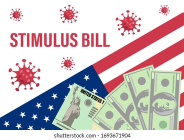 ndividual checks and dollars on american flag. Financial incentive bill. Coronavirus Covid-19 concept. vector illustration