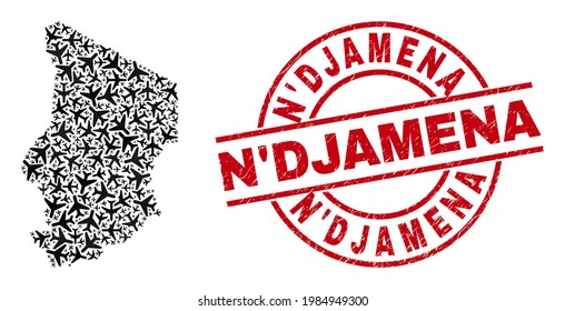 N'Djamena rubber badge, and Chad map collage of airplane items. Collage Chad map designed with aeroplanes. Red badge with N'Djamena text, and corroded rubber texture. Template for shipping plans.